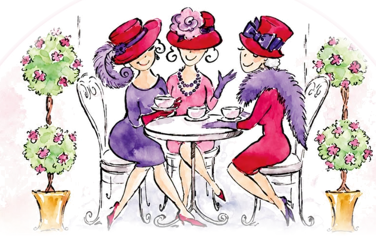 Ilustración de tres damas con sombrero tomando el té